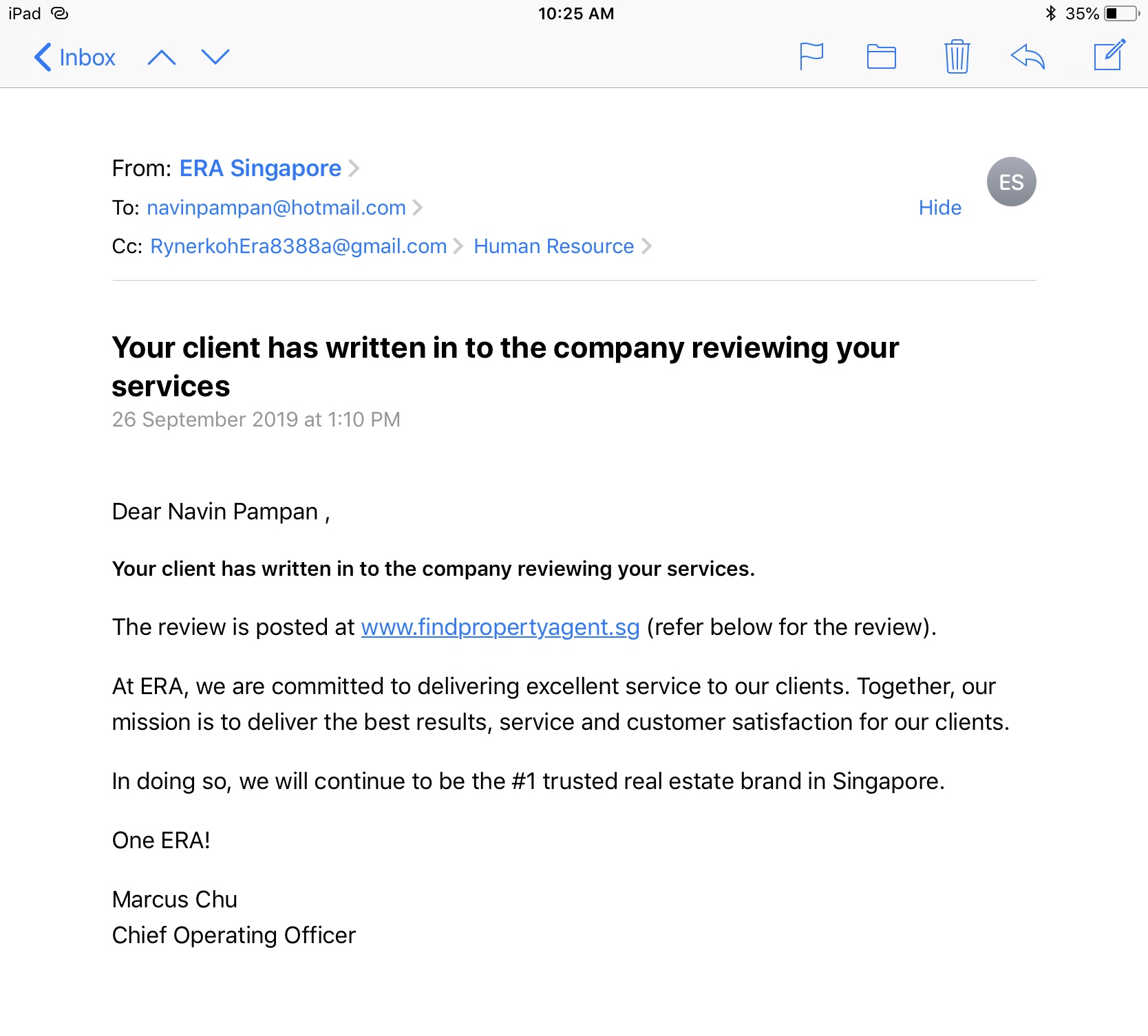 Client Wrote in to ERA Management